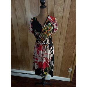 Fifilles Paris Womens Floral Wrap Midi Dress Black Red Tropical Short Sleeve M